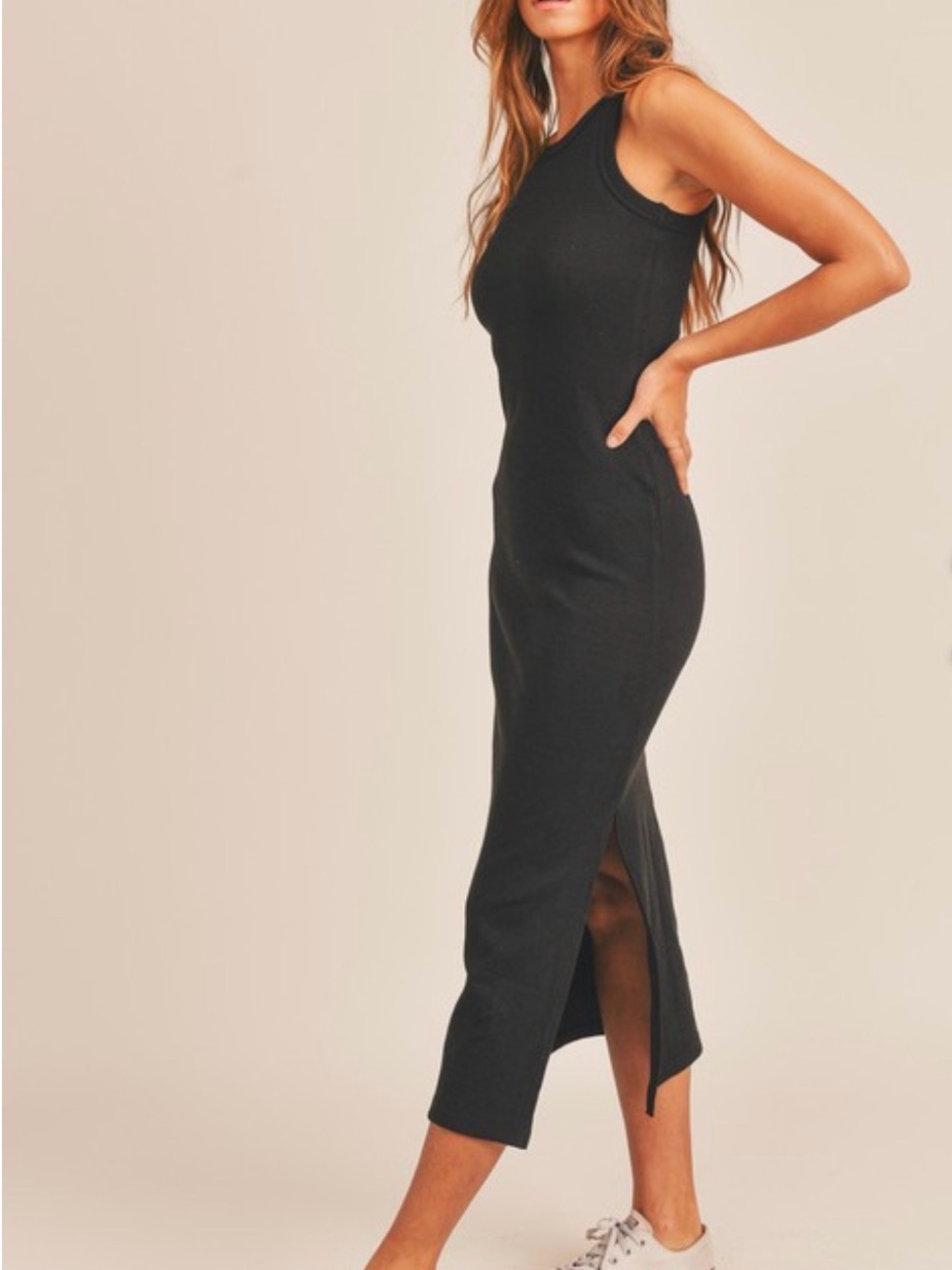 Sleeveless Super Stretchy Bodycon Ribbed Midi Dress in Black - Picture 2 of 6